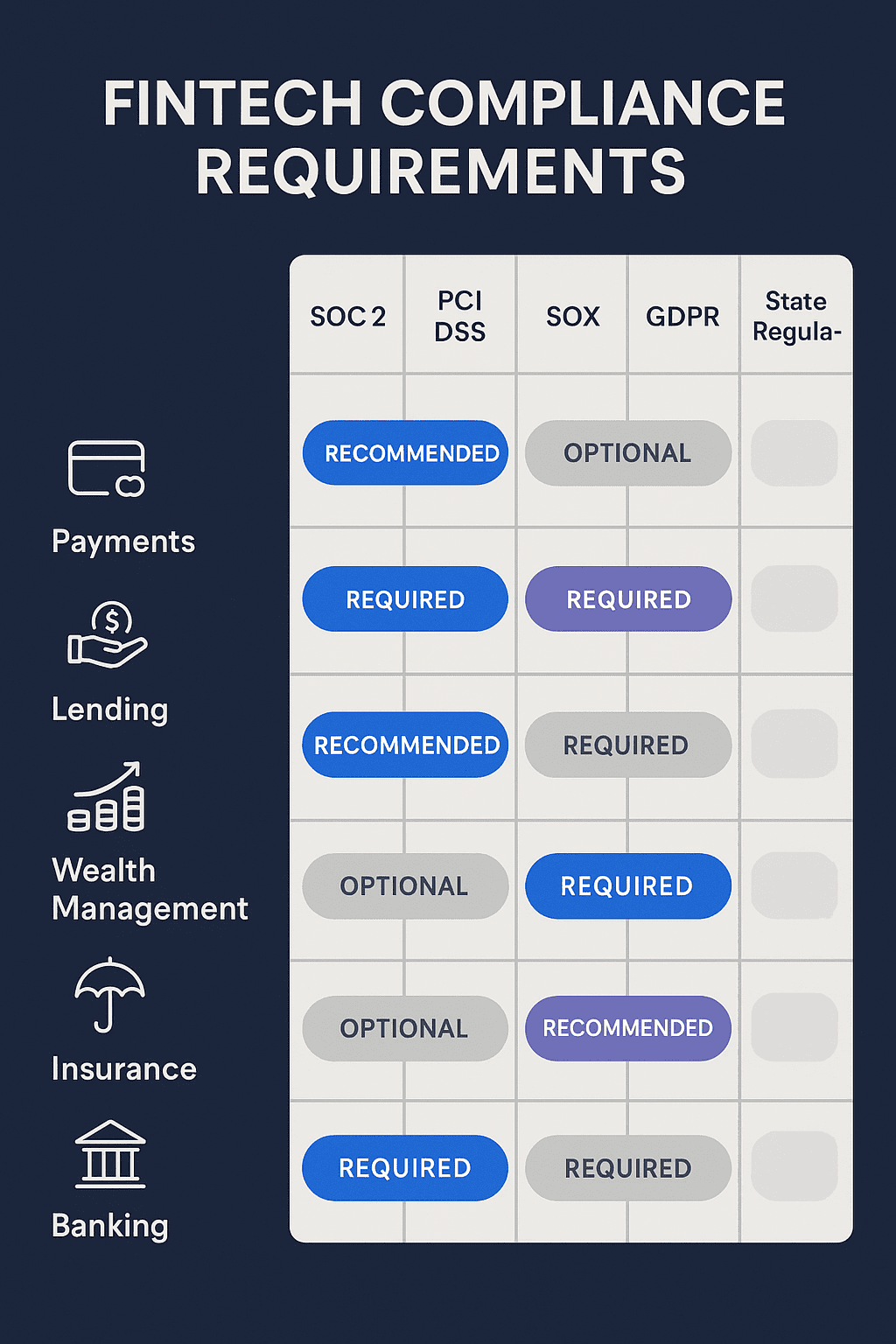 Fintech compliance requirements matrix by sub-sector