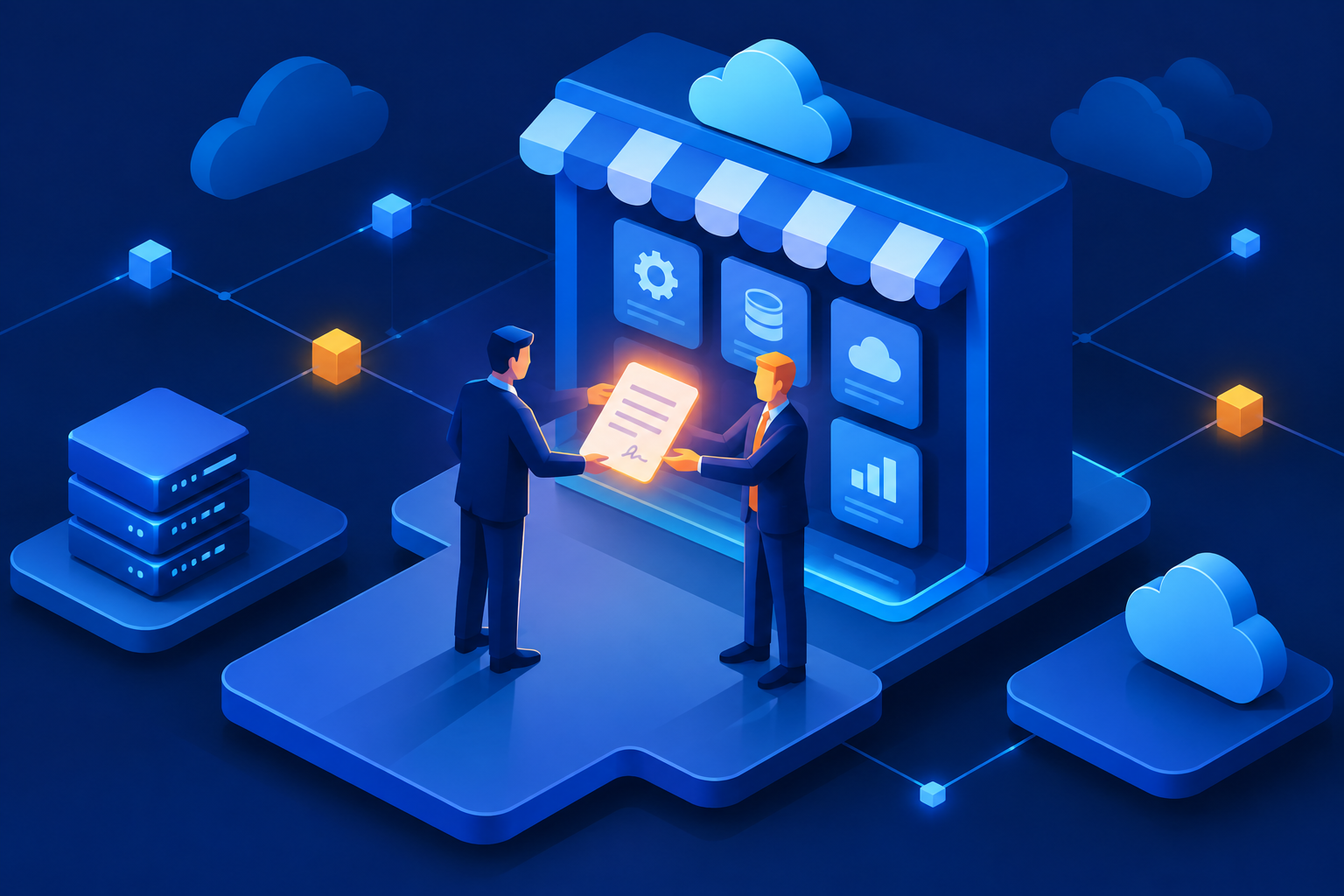 Two parties exchanging a negotiated private offer contract inside an AWS Marketplace storefront