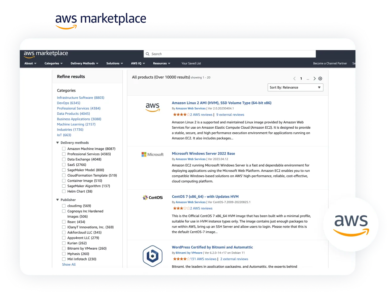 A screenshot of the AWS Marketplace webpage showing product listings. The left sidebar includes categories for refining results. Featured products include Amazon Linux 2, Microsoft Windows Server 2022, and Canto's software, with company logos displayed.